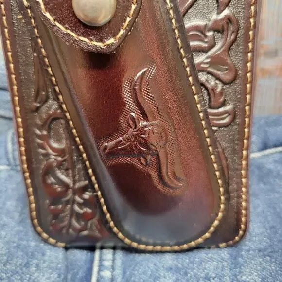 Longhorn Leather Phone Holstor With Knife Sheath & Belt Clip Sz LARGE 7x4